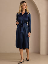 [Mørkeblå] SilkSilky-DK Long Sleeve Lapel Collar Kjole 007