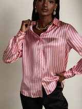 [Rosa Stribe] SilkSilky-DK Long Sleeve Lapel Collar Dameskjorte 003