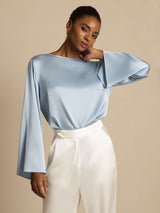 [Gråblå] SilkSilky-DK Long Sleeve Boat Neck Bluse 001