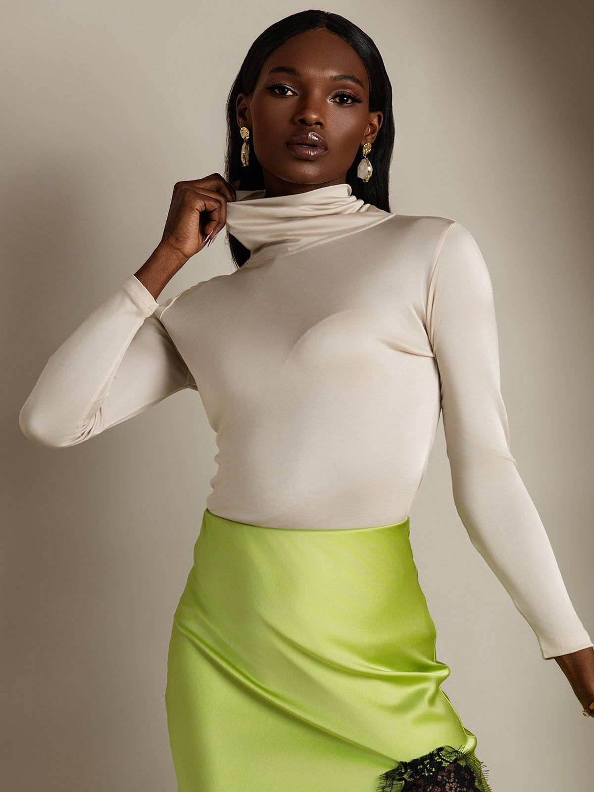 [Beige] SilkSilky-DK Langærmet Rullekrave T-shirt til kvinder 003