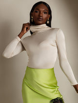 [Beige] SilkSilky-DK Langærmet Rullekrave T-shirt til kvinder 003