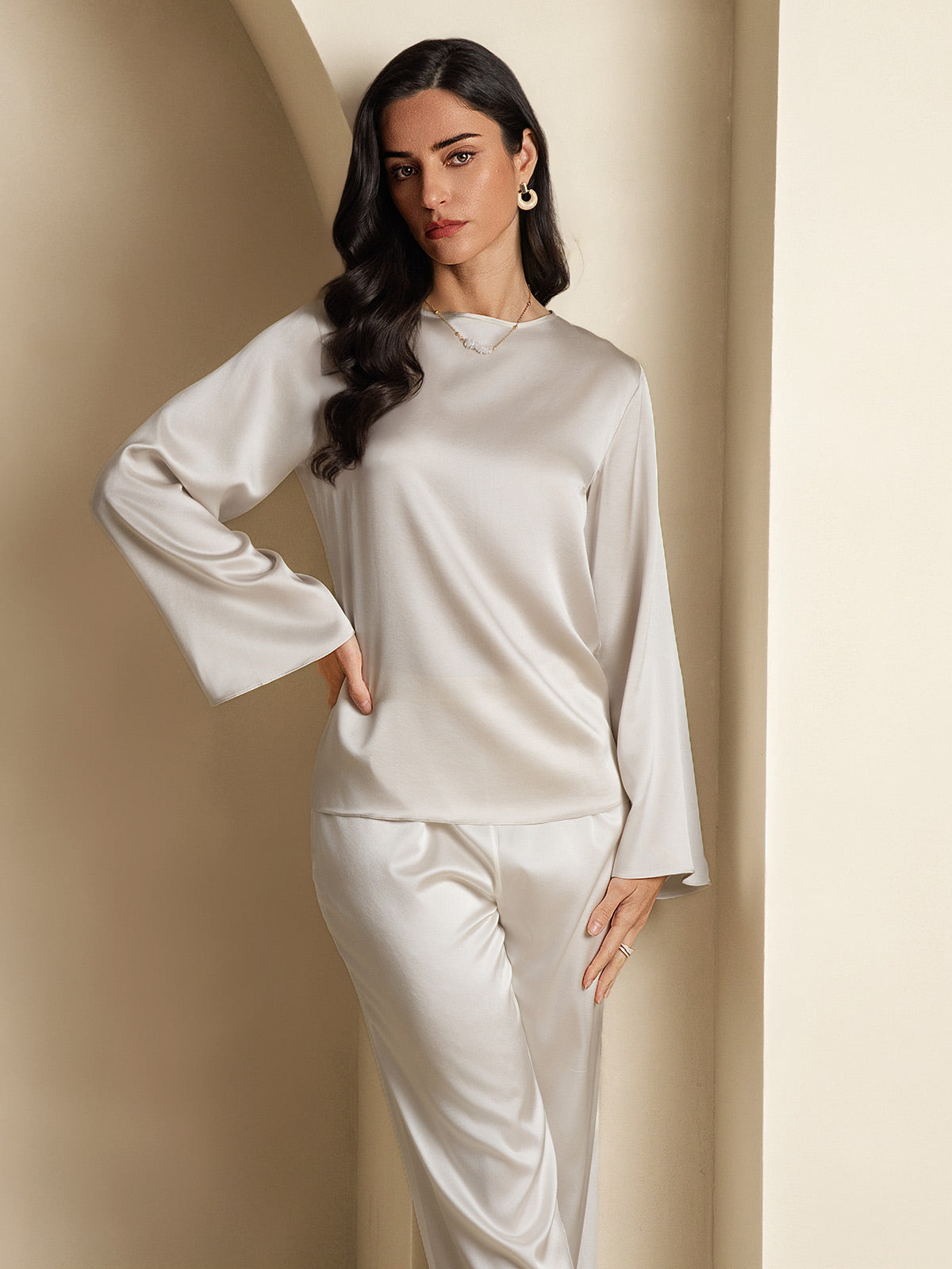 [Lysegrå] SilkSilky-DK 19Momme Silke Womens T-Shirt 004,