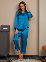 [Blågrøn] SilkSilky-DK Long Sleeve Lapel Collar Dame Pyjamas 003