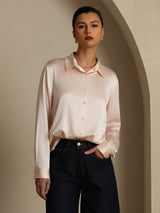 [Lys Pink] SilkSilky-DK Long Sleeve Lapel Collar Dameskjorte 007