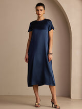 [Mørkeblå] SilkSilky-DK Short Sleeve Round Neck Kjole 001