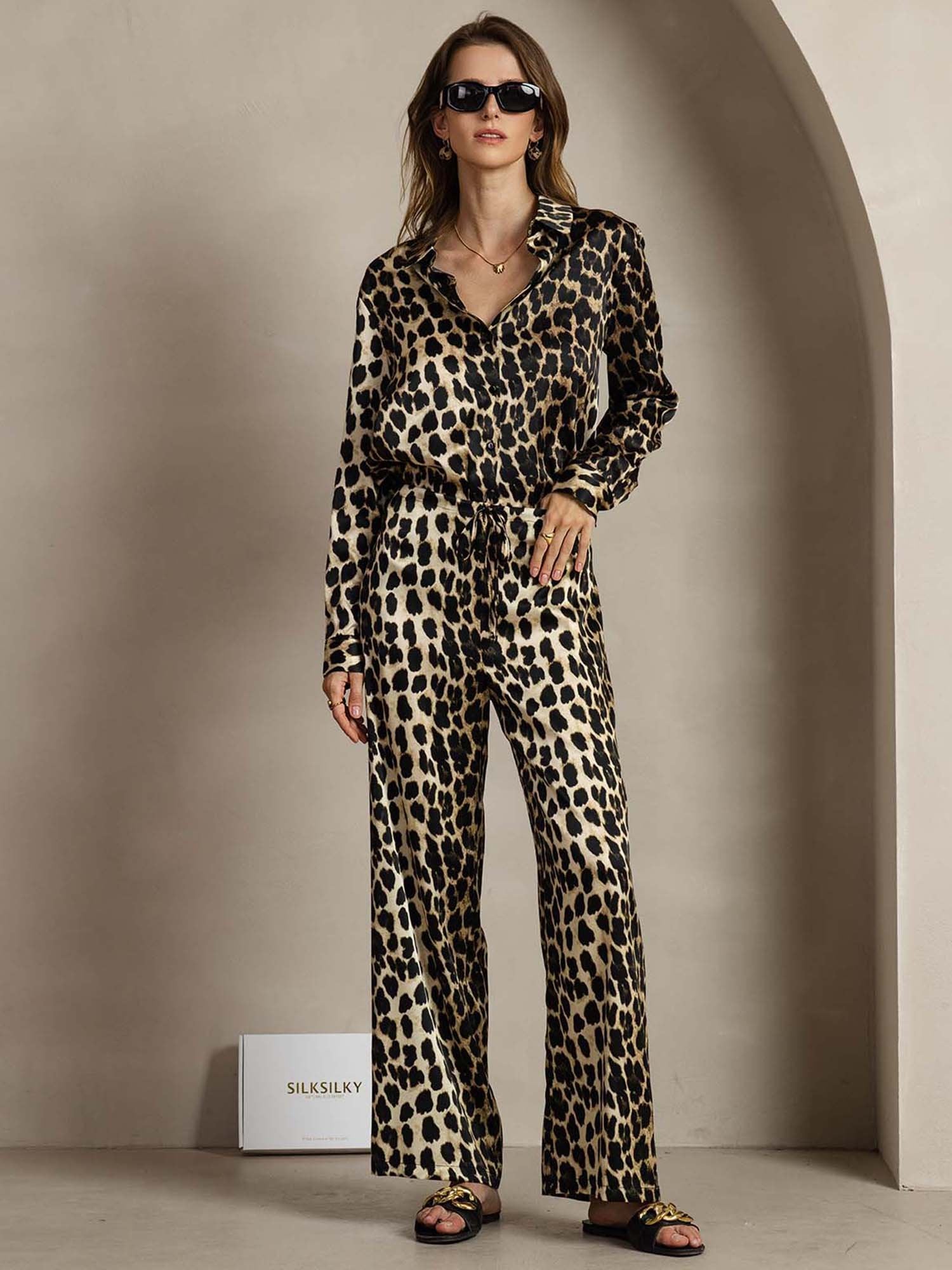 [Leopard] SilkSilky-DK 19Momme Silke Lapel Collar Women''s Outfit Sets 001