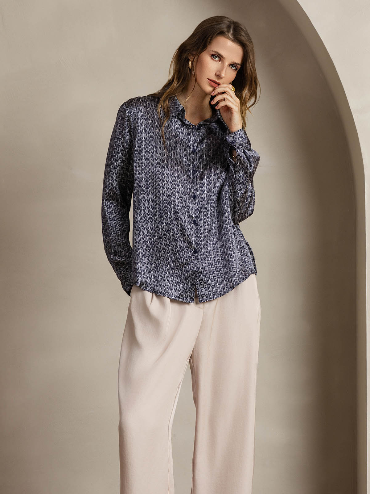 [Marine Ginkgo] SilkSilky-DK Silke Lapel Collar Dameskjorte 006