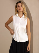 [Hvid] SilkSilky-DK Sleeveless Lapel Collar Dameskjorte 003