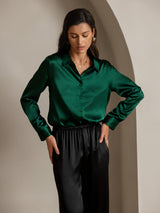 [Mørkegrøn] SilkSilky-DK Long Sleeve Lapel Collar Dameskjorte 003