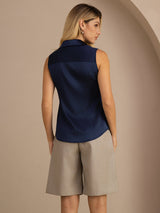 [Mørkeblå] SilkSilky-DK Sleeveless Lapel Collar Dameskjorte 002