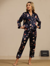 [Marine Blomster] SilkSilky-DK Long Sleeve Lapel Collar Dame Pyjamas 003