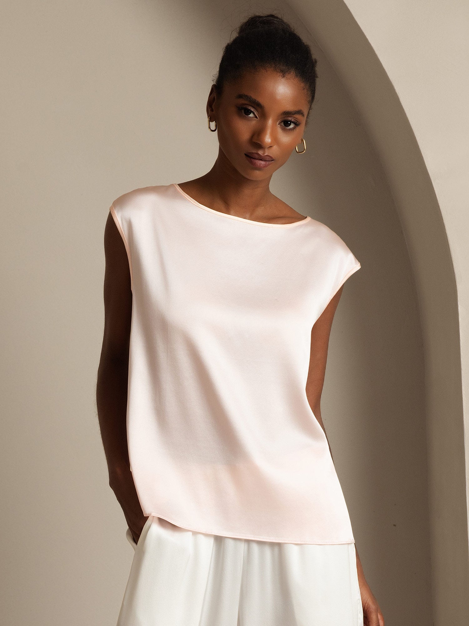 [Lyserød] SilkSilky-DK 19Momme Silke Womens T-Shirt 001,