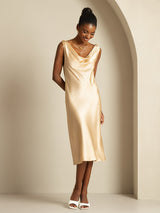 [Champagne] SilkSilky-DK Sleeveless Cowl Neck Kjole 006