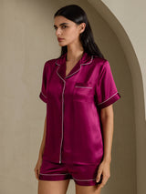 [Fuchsia] SilkSilky-DK Short Sleeve Lapel Collar Dame Pyjamas 007