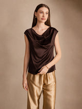 [Mørk Chokolade] SilkSilky-DK Cap Sleeve Cowl Neck T-shirt til kvinder 001