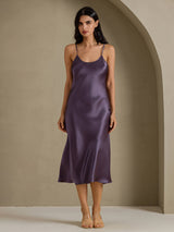 [Lilla Grå] SilkSilky-DK Sleeveless V Neck Kjole 003