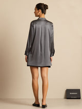 [Mørkegrå] SilkSilky-DK 19Momme Langærmet Ståkrave Bluse 002