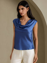 [Ægte Petrol] SilkSilky-DK Cap Sleeve Cowl Neck T-shirt til kvinder 005
