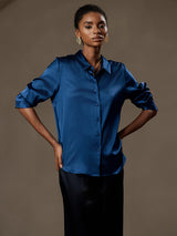 [Blågrøn] SilkSilky-DK Long Sleeve Lapel Collar Dameskjorte 004