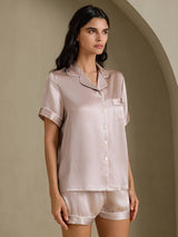 [Skyggegrå] SilkSilky-DK Short Sleeve Lapel Collar Dame Pyjamas 007