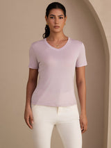[Lavendel] SilkSilky-DK Short Sleeve V Neck T-shirt til kvinder 001