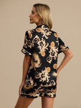 [Sort Drage] SilkSilky-DK Short Sleeve Lapel Collar Dame Pyjamas 002
