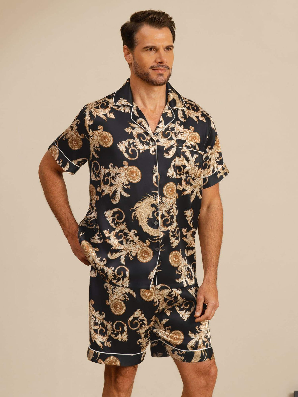 [Sort Drage] SilkSilky-DK Short Sleeve Lapel Collar Pyjamas til Mænd 001