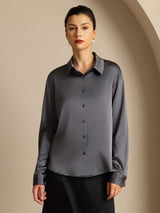 [Mørkegrå] SilkSilky-DK Long Sleeve Lapel Collar Dameskjorte 003
