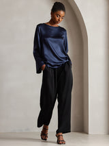 [Mørkeblå] SilkSilky-DK Long Sleeve Boat Neck Bluse 004