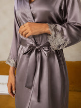 [Lilla Grå] SilkSilky-DK 3/4 Sleeve Dame Morgenkåbe 004