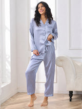 [Stål Blå] SilkSilky-DK Long Sleeve Lapel Collar Dame Pyjamas 004