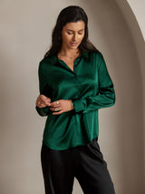 [Mørkegrøn] SilkSilky-DK Long Sleeve Lapel Collar Dameskjorte 004
