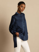 [Mørkeblå] SilkSilky-DK 19Momme Langærmet Ståkrave Bluse 005