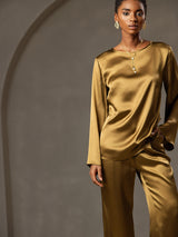 [Brun] SilkSilky-DK Long Sleeve Boat Neck Bluse 005