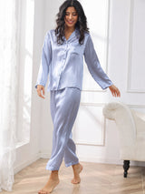 [Stål Blå] SilkSilky-DK Long Sleeve Lapel Collar Dame Pyjamas 004