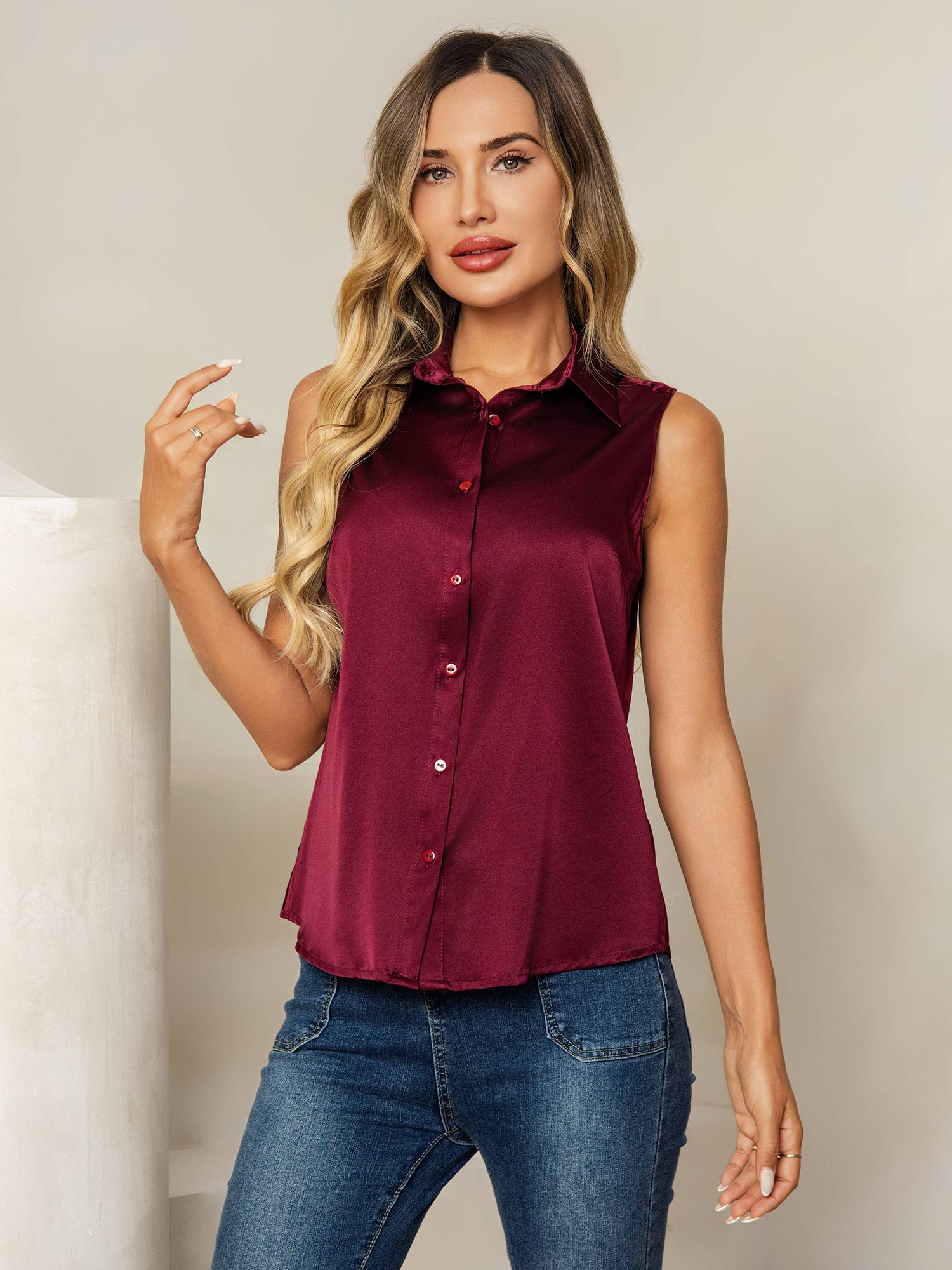 [Mørkerød] SilkSilky-DK 19Momme Silke Lapel Collar Dameskjorte 001