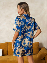 [Navy Drage] SilkSilky-DK Short Sleeve Lapel Collar Dame Pyjamas 002