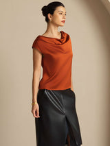 [Karamel] SilkSilky-DK Cap Sleeve Cowl Neck T-shirt til kvinder 006