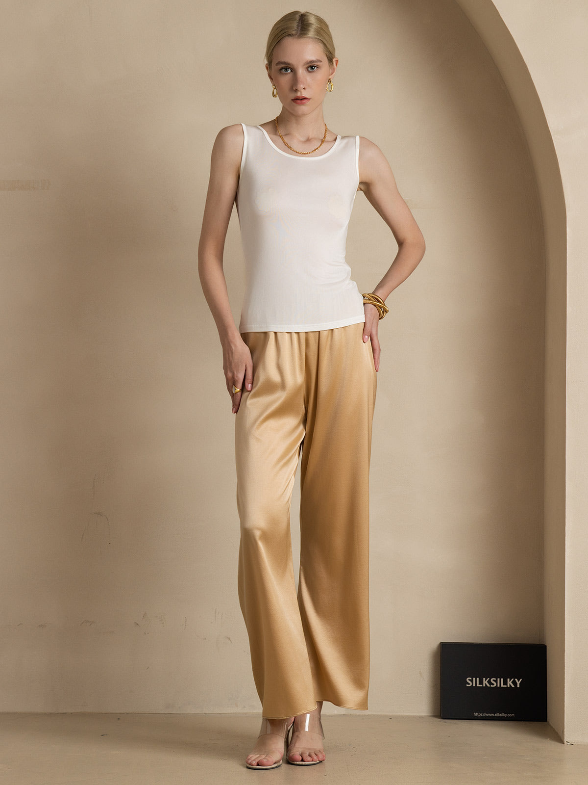 [Hvid] SilkSilky-DK Silk Knitted Sleeveless Round Neck T-shirt til kvinder 007