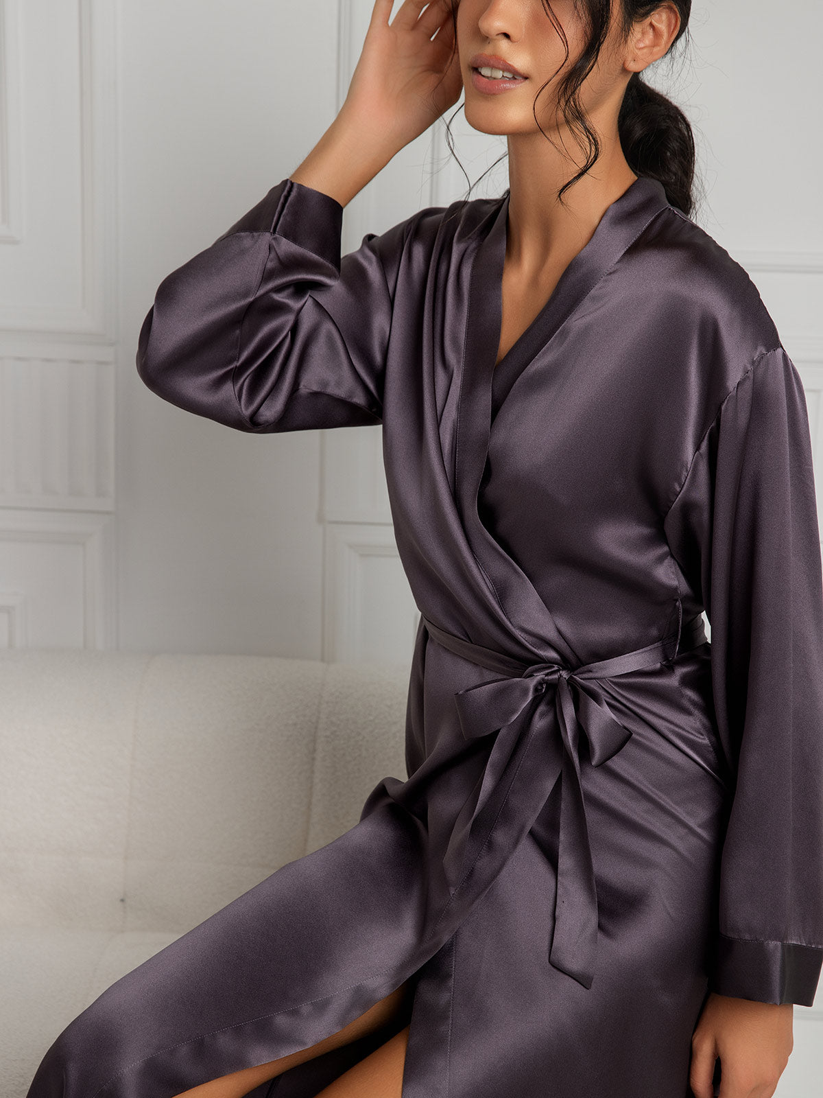 [Lilla Grå] SilkSilky-DK Wrap Dame Morgenkåbe 007