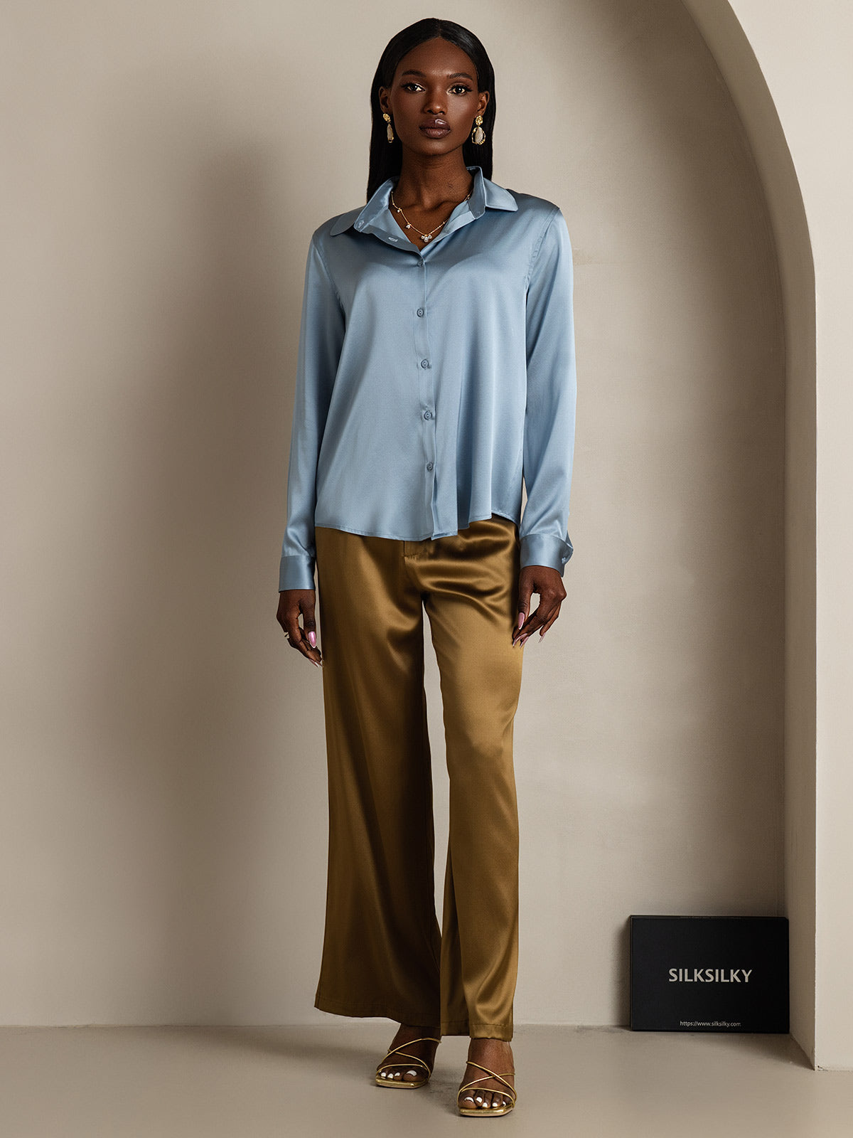 [Gråblå] SilkSilky-DK Silke Long Sleeve Collar Dameskjorte 006