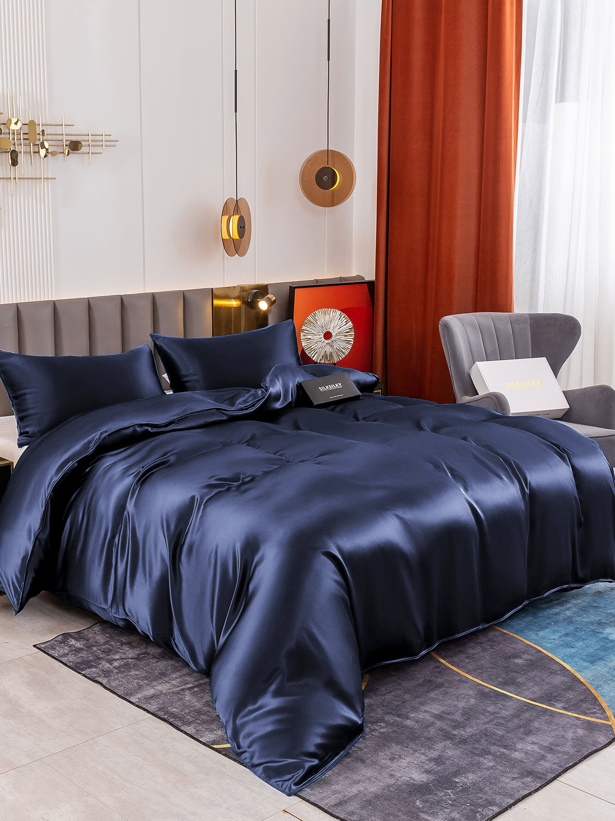 [Mørkeblå] SilkSilky-DK 19Momme Bedding Set 001