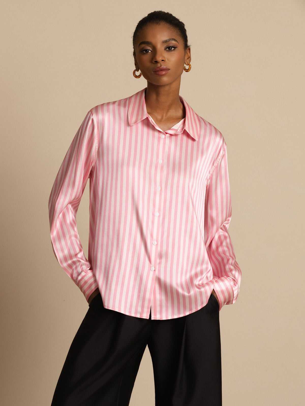 [Rosa Stribe] SilkSilky-DK Long Sleeve Lapel Collar Dameskjorte 001