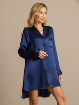 [Mørkeblå] SilkSilky-DK Long Sleeve Lapel Collar Soveskjorte 008