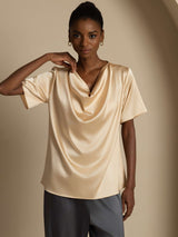[Champagne] SilkSilky-DK Short Sleeve Cowl Neck Damebluser 005