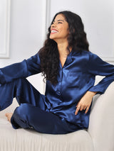 [Mørkeblå] SilkSilky-DK Long Sleeve Lapel Collar Dame Pyjamas 001