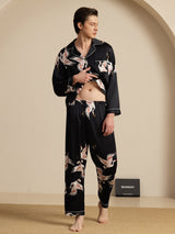 [Sort] SilkSilky-DK Long Sleeve Notch Collar Pyjamas til Mænd 008