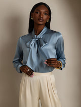 [Gråblå] SilkSilky-DK Long Sleeve Tie Neck Damebluser 003