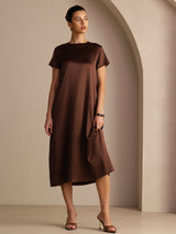 [Mørk Chokolade] SilkSilky-DK Short Sleeve Round Neck Kjole 004