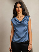 [Ægte Petrol] SilkSilky-DK Cap Sleeve Cowl Neck T-shirt til kvinder 005